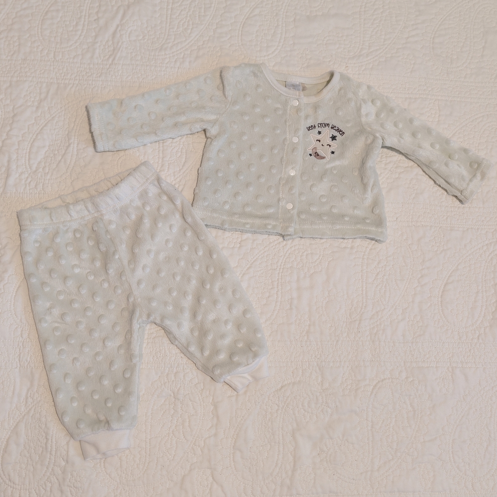 0/3 Months 3pc chick pea PaleBlue Plush Kids Pajama Set - Button-Top & Pants